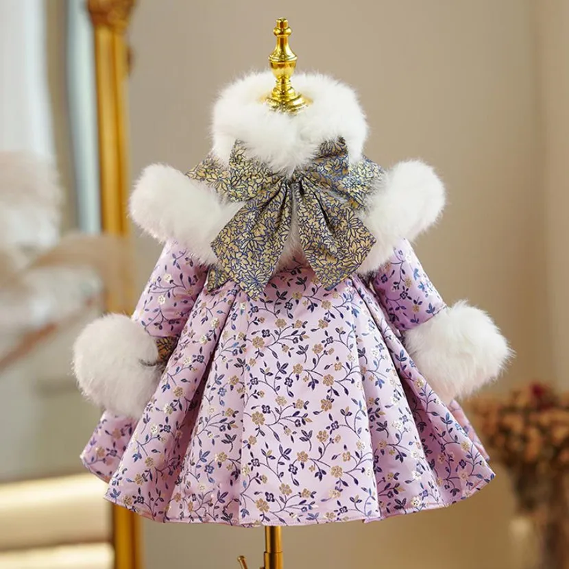 

Autumn Winter Children's Princess Evening Gown Bow Print Design Birthday Baptism Dress Girls' Christmas New Year Clothes A2072