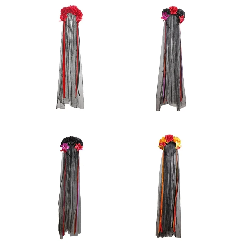 

N58F Girls LolitaCostume Headhoop Dark Series Повязка на голову с цветочной вуалью Ленты для волос