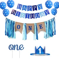 happy birthday one theme classic banner blue crown hat boy birthday balloon cake card party scene layout