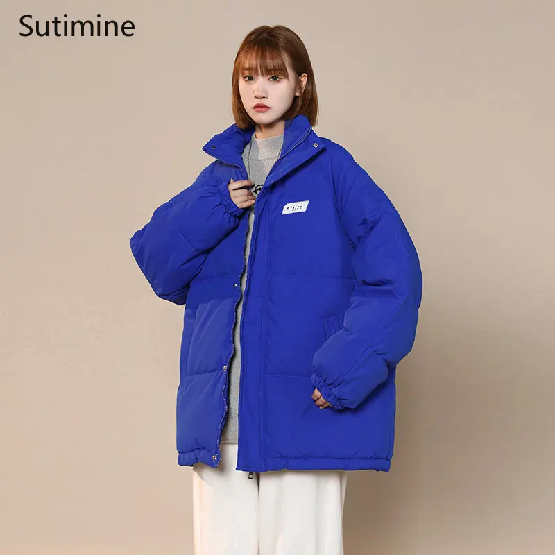 Winter Coat for Women Office Lady Black Solid Winter Loose Thickened Stand Collar Cotton Padded Jacket Zipper Winter Coat Women
