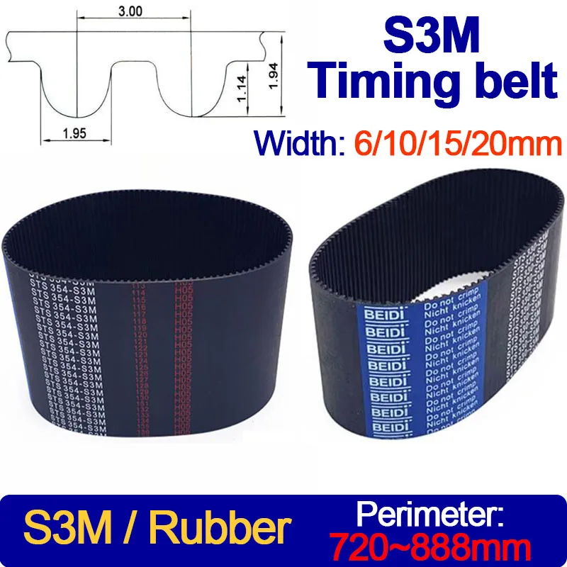 

S3M Timing Belt 720 741 756 768 780 783 804 810 840 852 888mm Length Width 6/10/15/20mm STS S3M Closed-loop Synchronous Rubber