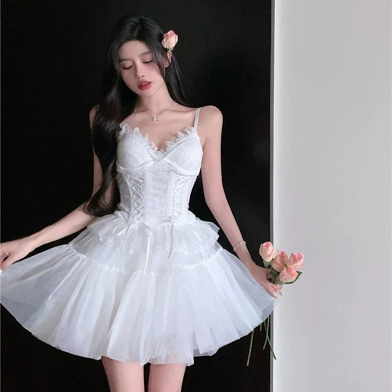 

Женский комплект из двух предметов Y2K, милый белый кружевной топ в стиле «лолита», элегантная Милая Мини-Юбка А-силуэта, повседневные Костюмы, Новинка лета 2023