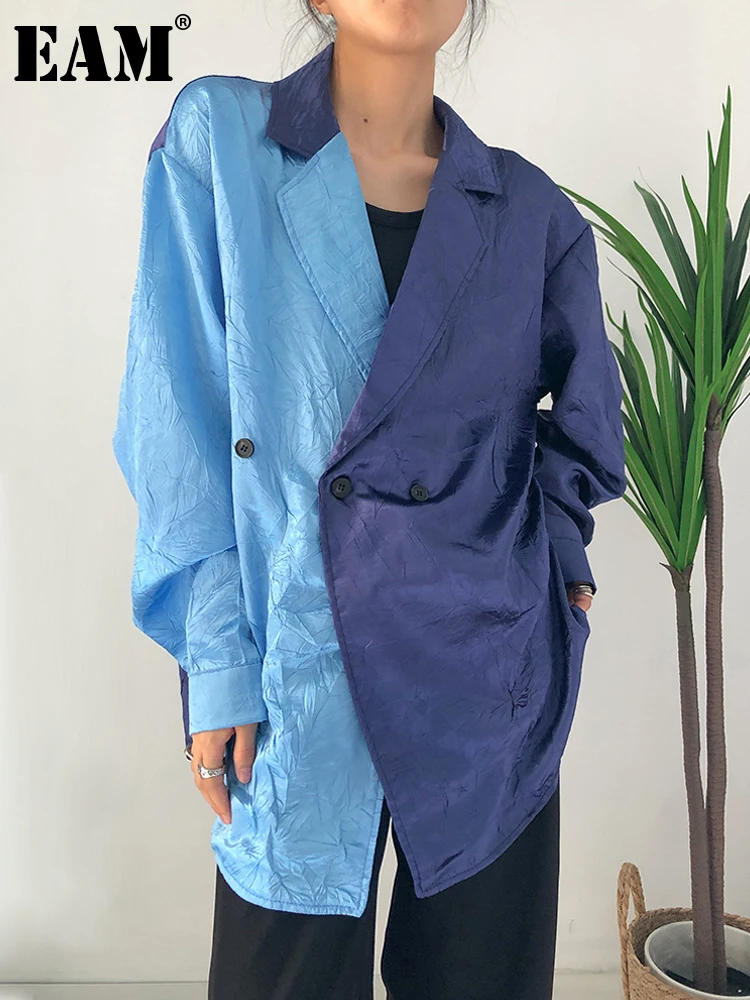 

[EAM] Women Blue Color-block Irregular Big Size Blouse New Lapel Long Sleeve Loose Fit Shirt Fashion Spring Autumn 2023 1DF0342