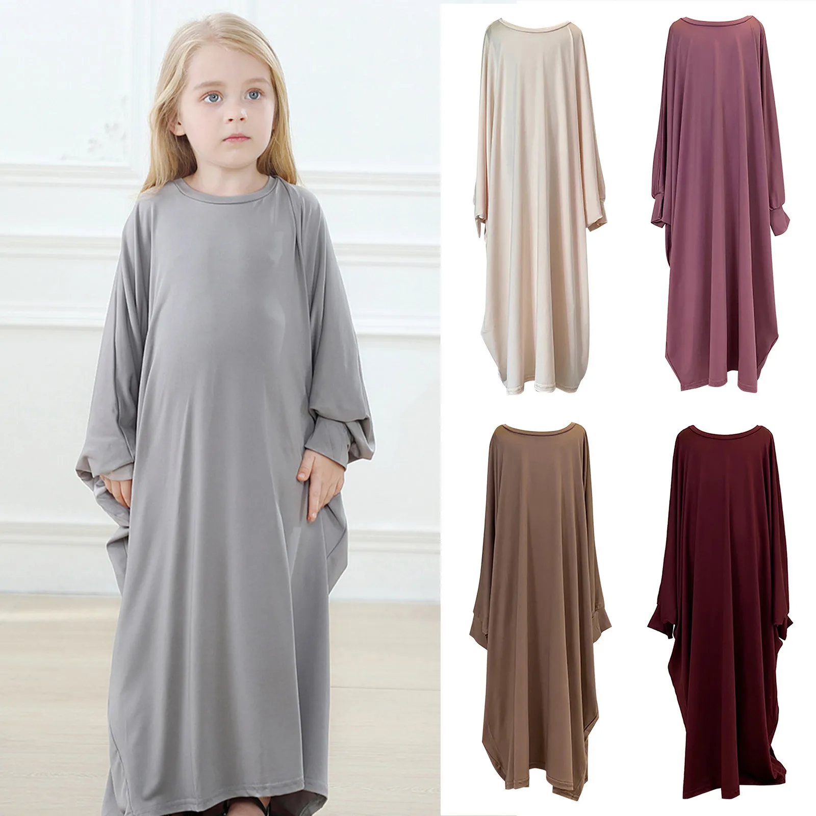 

Kids Toddler Baby Girls Spring Summer Solid Muslim Batwing Sleeve Robe Princess Dress Praying Hijabs Islamic Baby Overall Dress