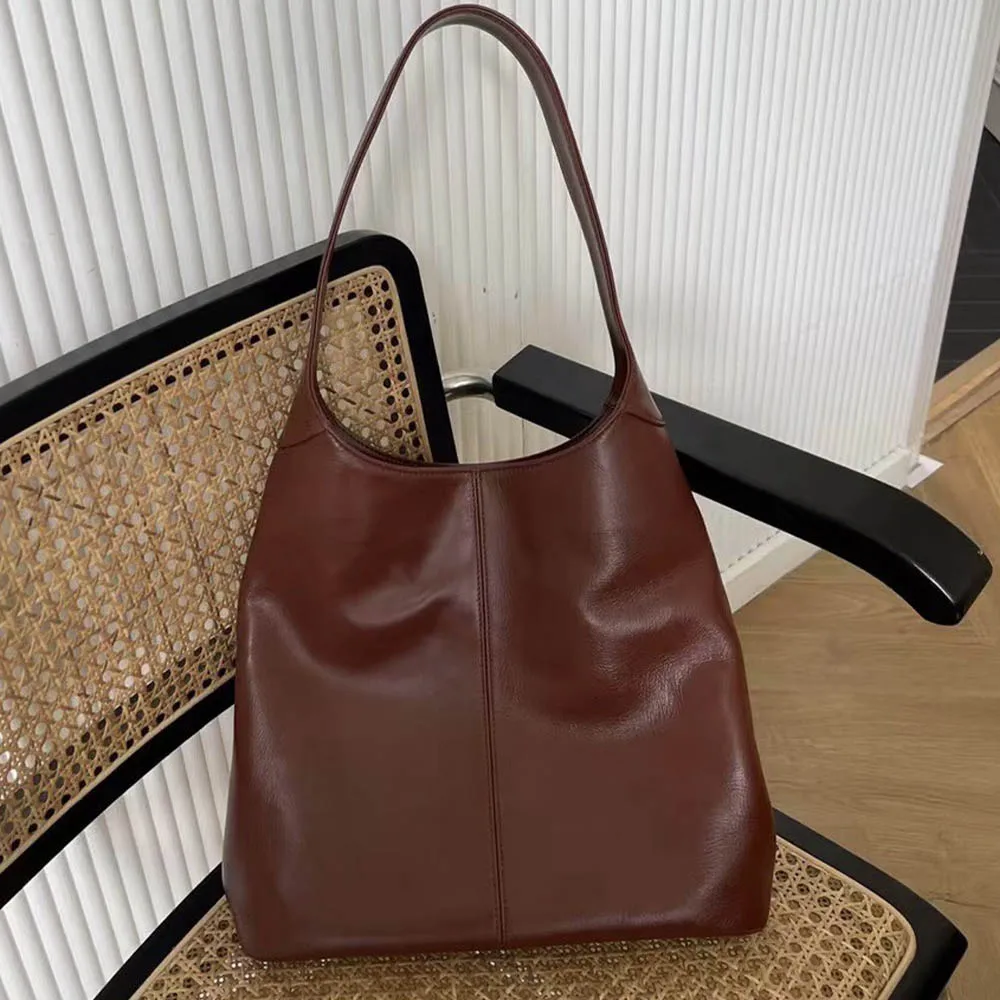 

New Thick Frist Layer Leather Woman Bag Shoulder Cowhide Handbag and Purses Luxury Leisure Bucket Bag Lady Casual Tote 2023 New