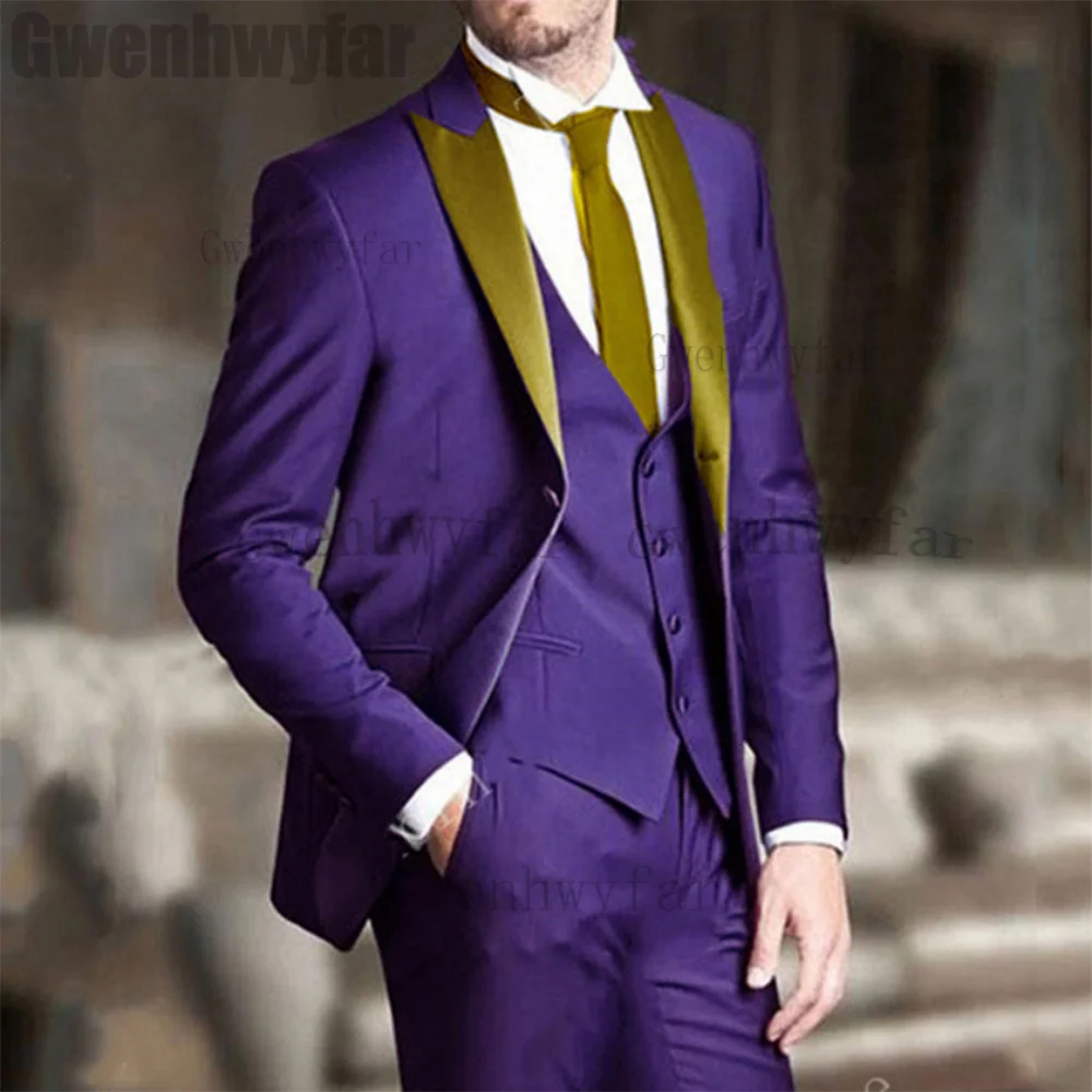 

Новый дизайн мужского костюма Gwenhwyfar, фиолетовые облегающие мужские костюмы из 3 предметов, смокинг для жениха на свадьбу, выпускной мужской костюм (пиджак + брюки + жилет)