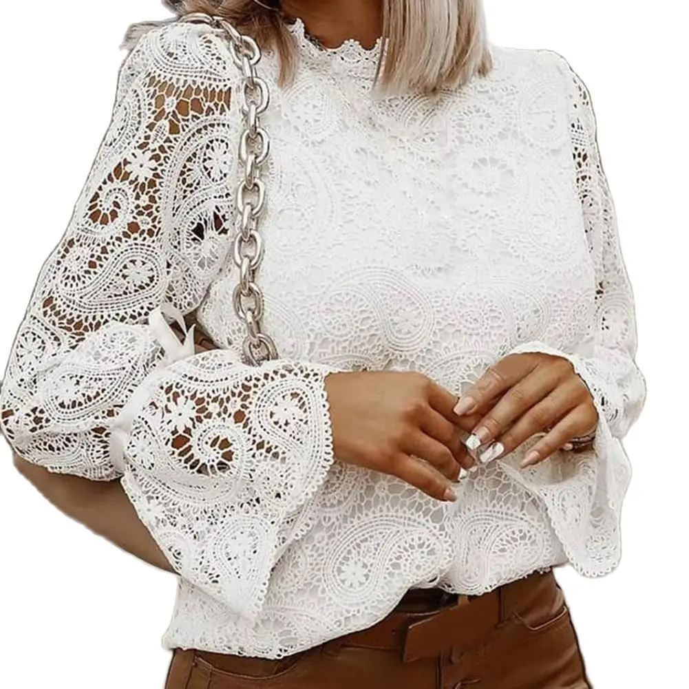 

Women Tops Loose Hollow Sexy Flared sleeves Tops Lace Elegant top White for Female clothing 2021
