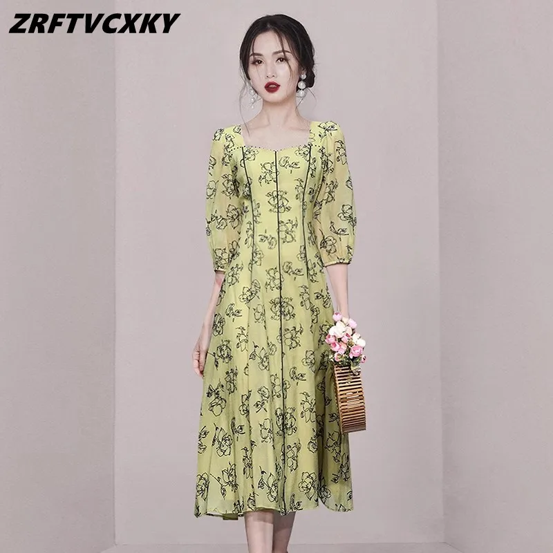 

Новые женские летние платья с принтом, модные элегантные платья-трапеции с квадратным вырезом, Шикарное облегающее Повседневное платье с высокой талией, Юбка-миди