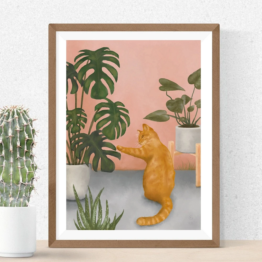 Funny Cat Green Plants Boho Wall Art Canvas Painting Nordic Posters And Prints Modern Wall Pictures For Living Room Home Decor 1