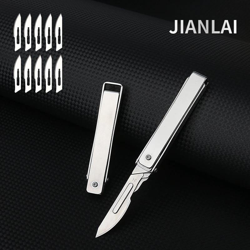 New Stainless Steel Folding Scalpel Portable Mini Key Chain EDC Outdoor Box Opening Pocket Knife with 10 Replaceable 24 # Blades