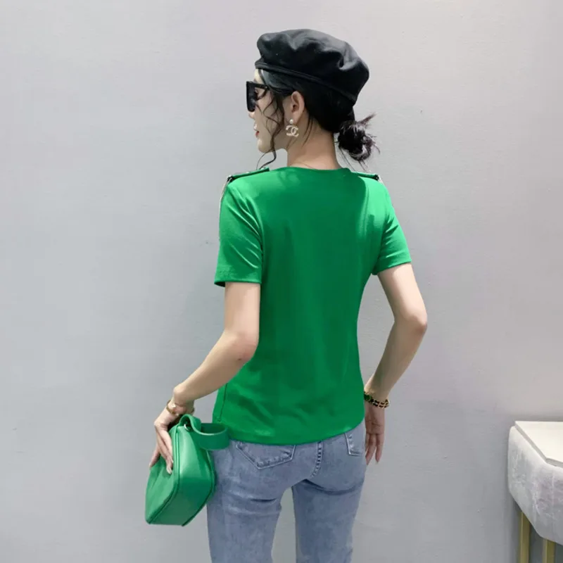 # 5575 Черная зеленая белая офисная футболка женская эластичная хлопковая с