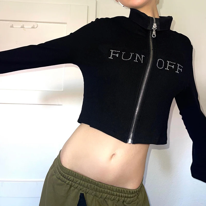 

Dourbesty Women Cropped T-Shirts Long Sleeve Rhinestone Letter High Collar Zip-Up Short Coat Fall/Winter Crop Tops Outerwear