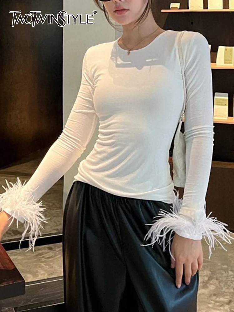 

TWOTWINSTYLE Solid Patchwork Feathers Slimming T Shirts For Women Round Neck Long Sleeve Minimalist T Shirt Female Fashion New