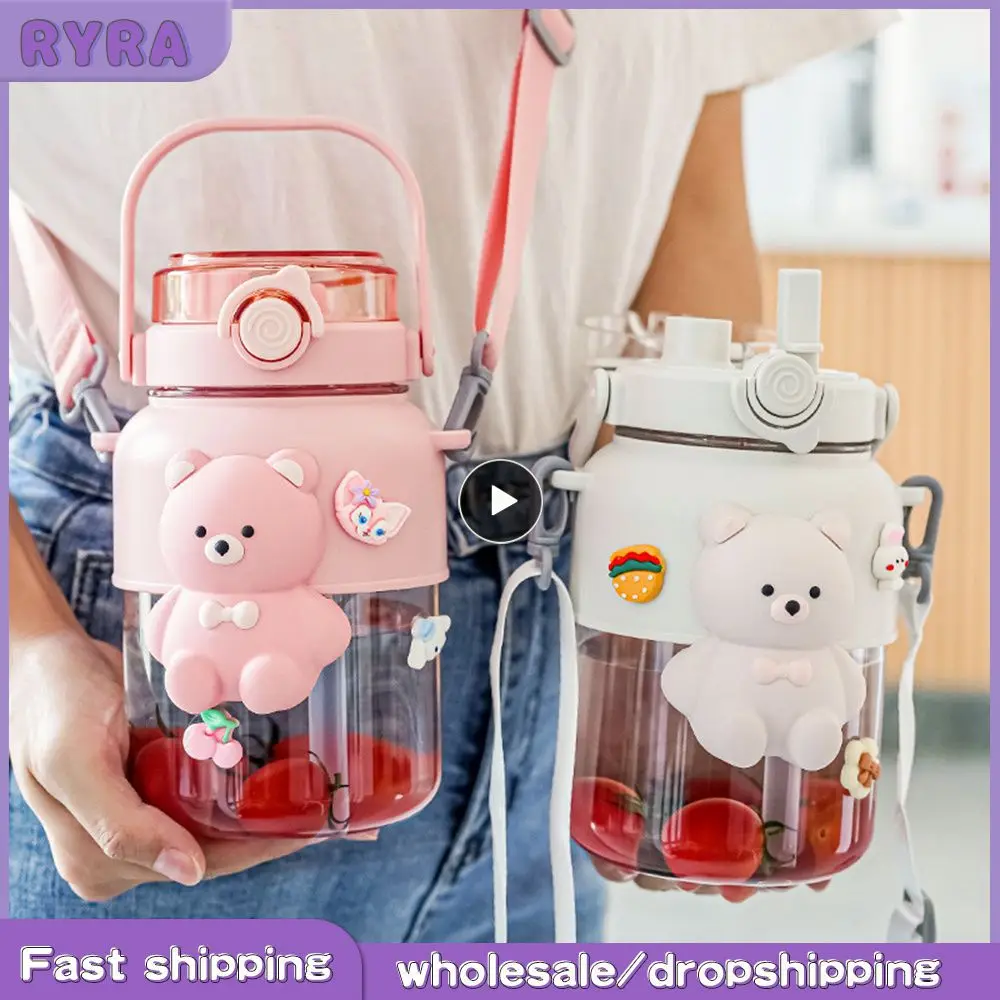 

Double Drink Straw Kettle With Adjustable Strap Carry-on Cup Cartoon Portable Big Belly Cup Outdoor Travel Drinkware Pipette Cup