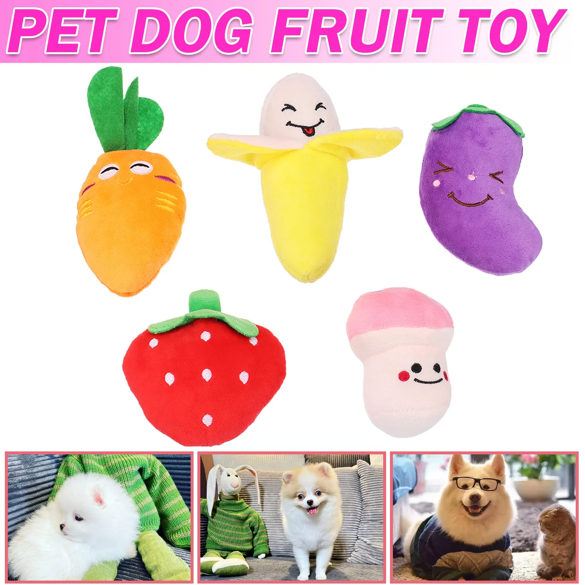 5pcs Squeaky Dog Plush Toys Puppy Training Fluffy Toy Durable Stuffed Vegetable Fruit Pet Supplies For Puppies Small Dogs