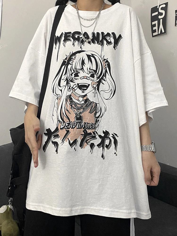 Deeptown Japanese Retro Two-dimensional Anime T-shirt Cartoon Print Couple Tees Hip-hop Harajuku Short Sleeve Tops for Women Y2k