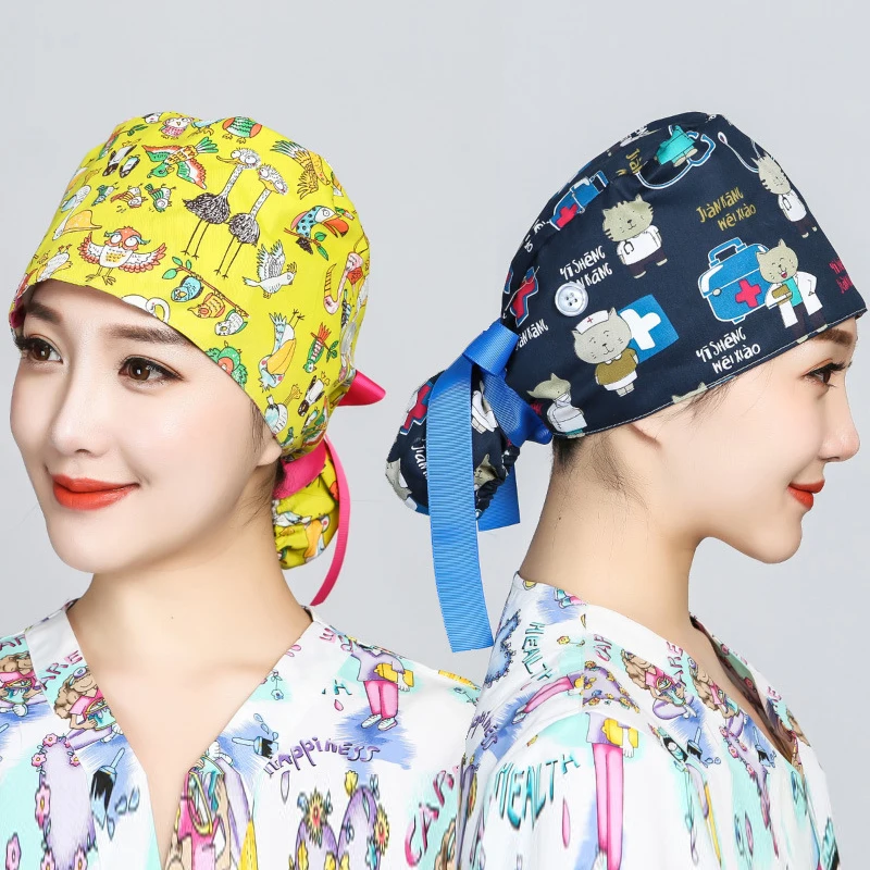

Tooth Operating Room Scrub Cap Women Long Hair Cover Cap Cotton Beauty Printing Hats Work Hats Anti-Dirty Adjustable Doctor Hats