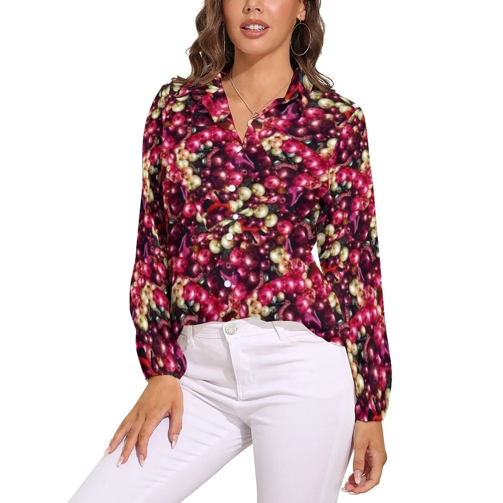 

Pink Beads Print Blouse Women Dots Modern Art Casual Loose Blouses Long-Sleeve Vintage Shirts Printed Clothes Big Size