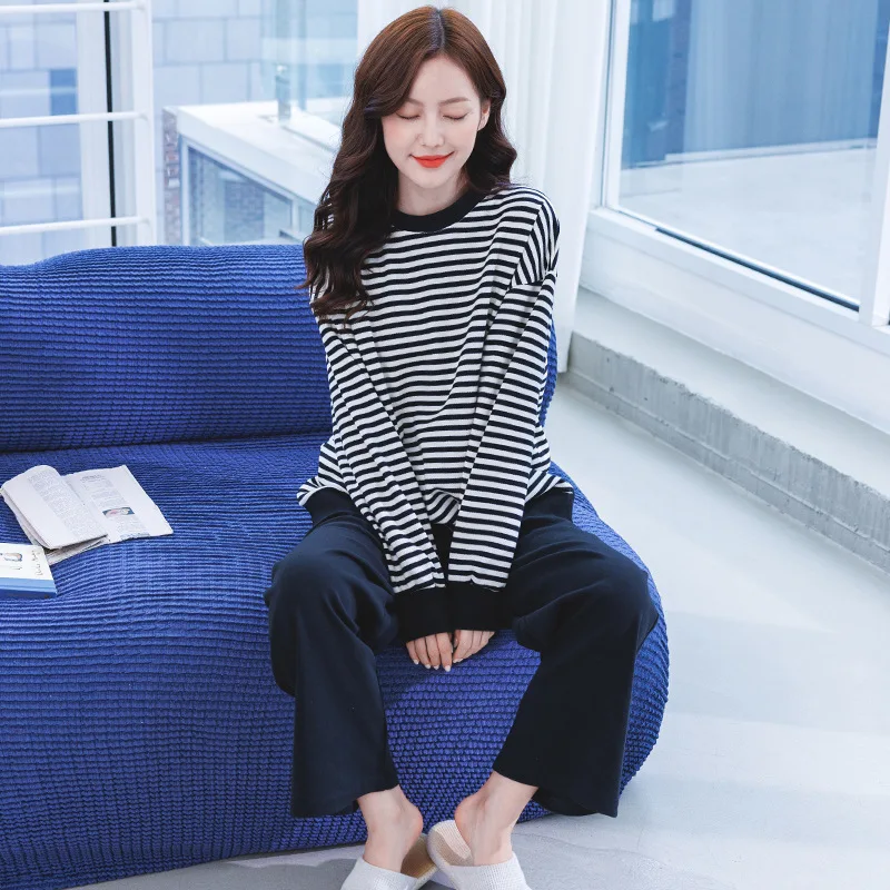 

2022 New Pajamas Women's Spring And Autumn Cotton Long Sleeve Stripe Casual Loose Outwear Home Suit Comfortable Elastic Set