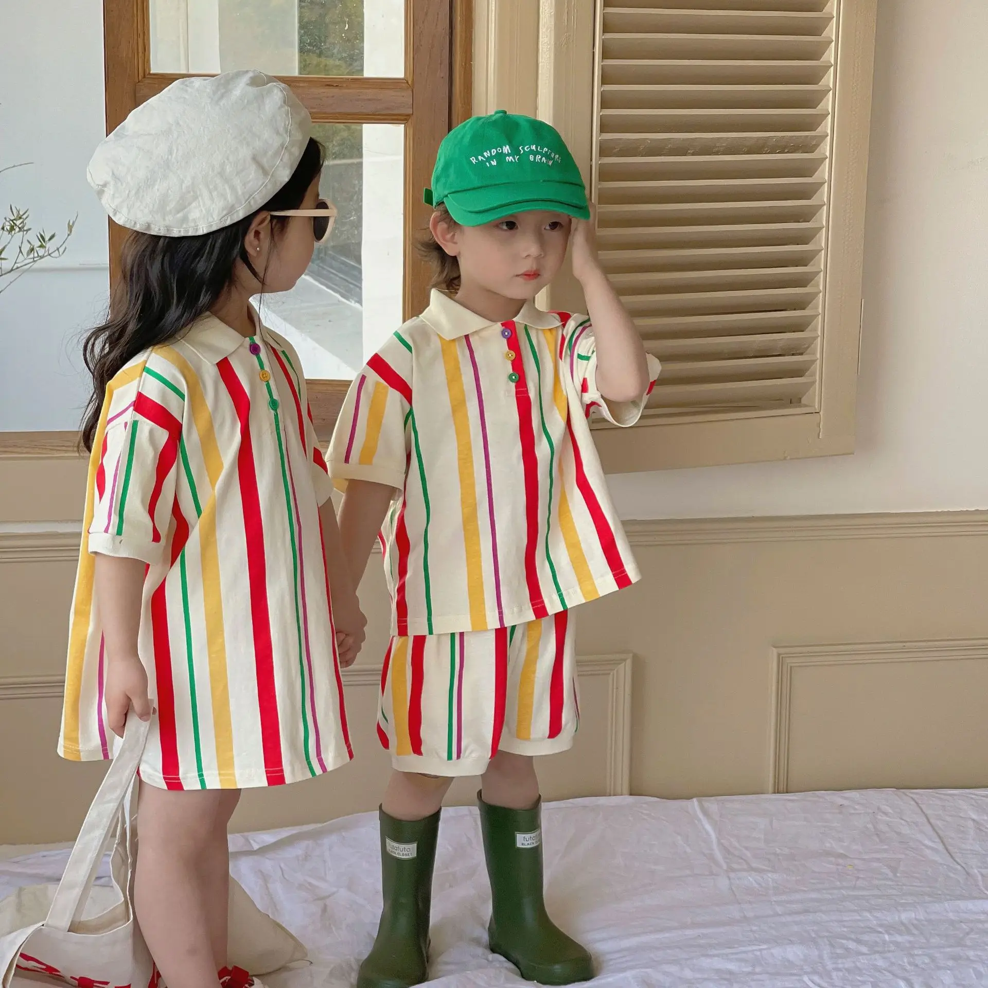 

Brother and Sister Clothes 2023 Summer New Korean Children's Striped Knit Suit Girl's Shirt Dress Or Boy's Two Piece Suit