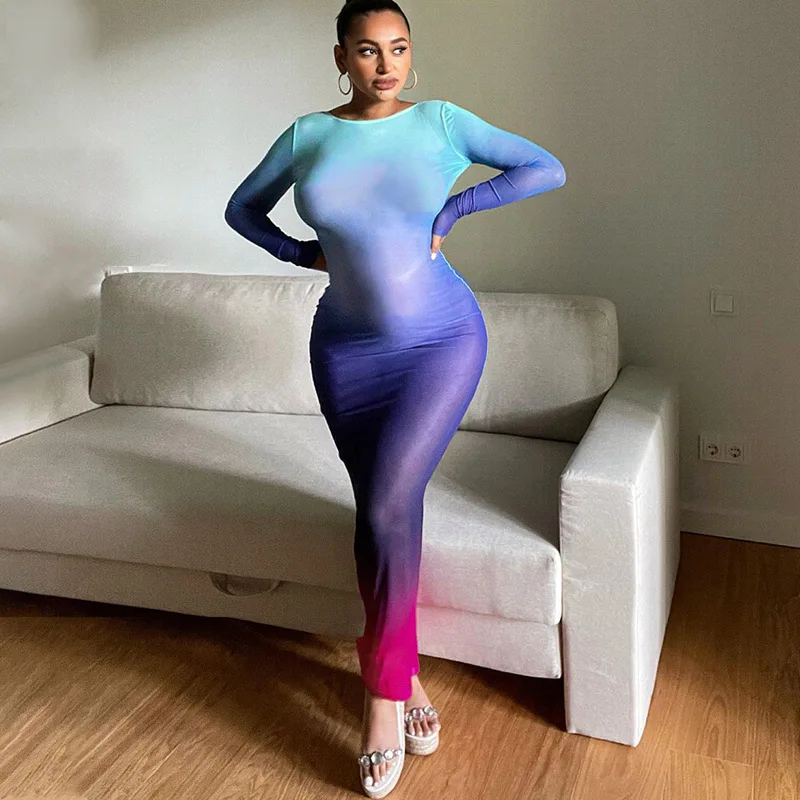 

Autumn Gradient Long Sleeve Maxi Dress Women Sexy O-neck Backless Print Elegant Dress Bodycon Evening Club Party Outfits 2023