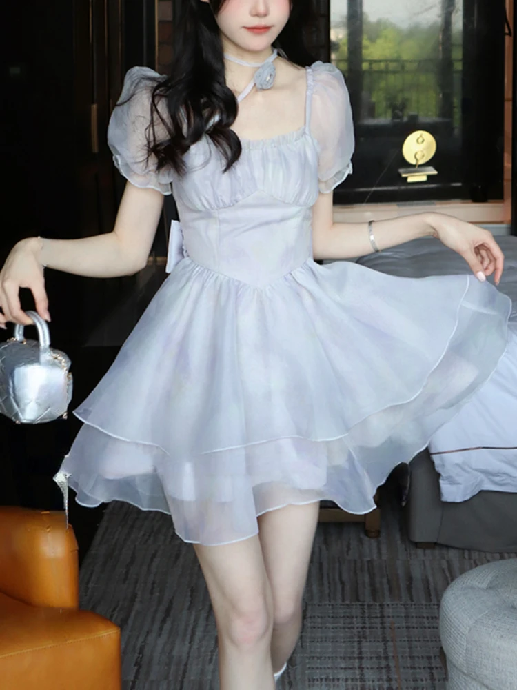 

Sweet Y2k Mini Dress Woman Short Sleeve Pure Color Dress Party Elegant One Piece Dress Korea Fashion Chiffon 2023 Summer Chic