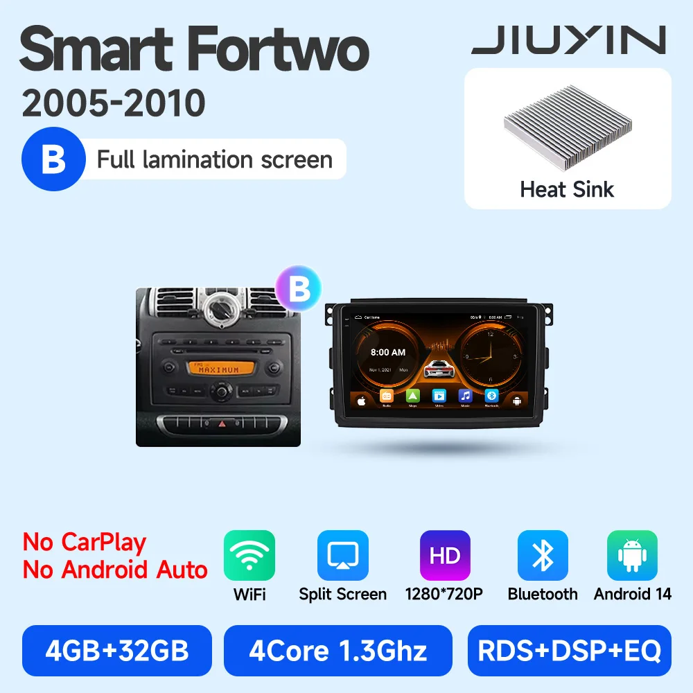 

JIUYIN Android Auto Radio Smart Fortwo 451 2005-2015 Беспроводной Carplay 4G Автомобильный мультимедийный GPS 2din авторадио
