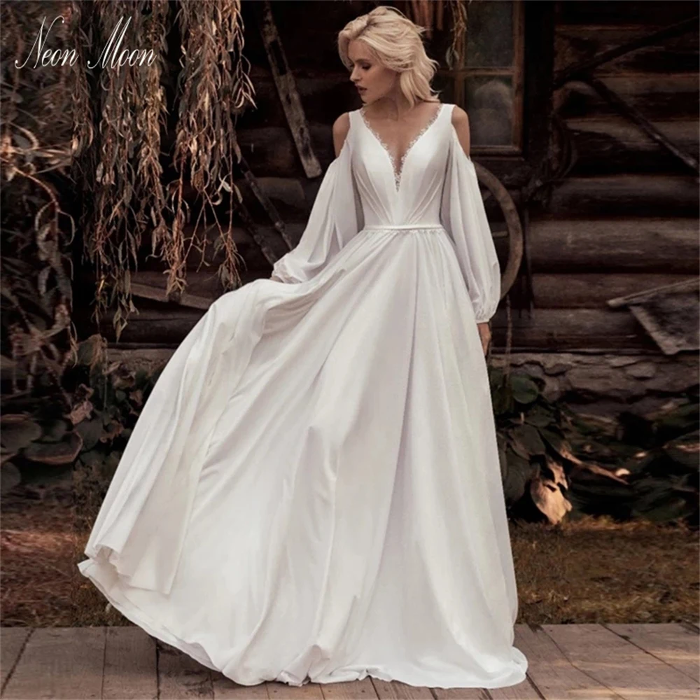 

Bohemian Wedding Dress For Women Deep V-neck Spaghetti Straps Bride Dress Lace Long Sleeve Backless Bridal Gown Vestido De Novia