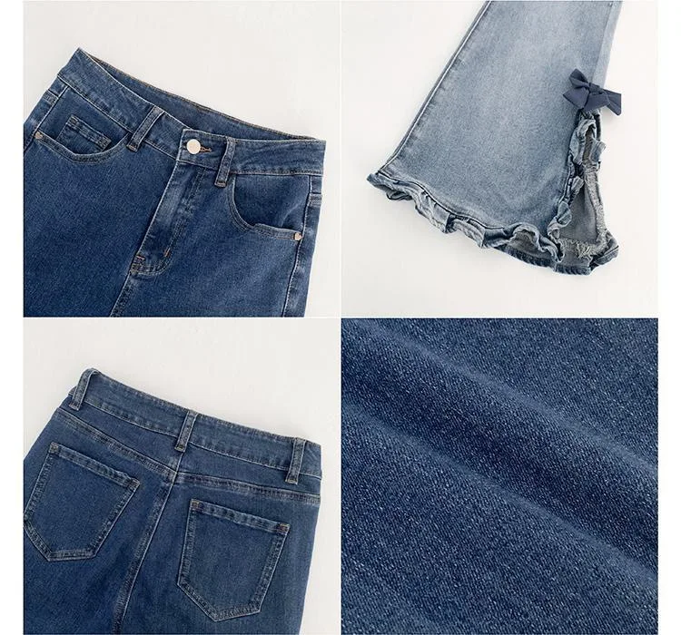 Edible Tree Fungus Gradient Jeans Woman 2023 Spring Summer High Waist Fashion Sweet Bow Slim Straight Wide Leg Denim Pants