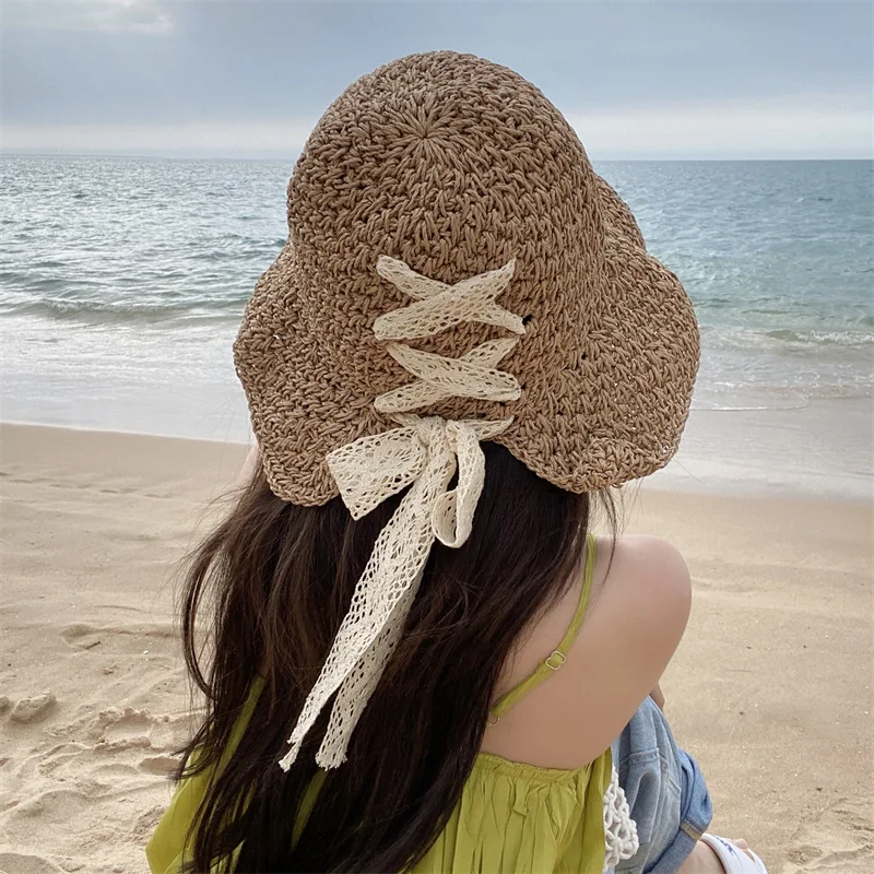 

Wide Brim Lace Bandage Straw Hats For Women Summer Thin Hollow Floppy Sun Hats Ladies Outdoor Beach Hat Sun Protection Bob Gorra