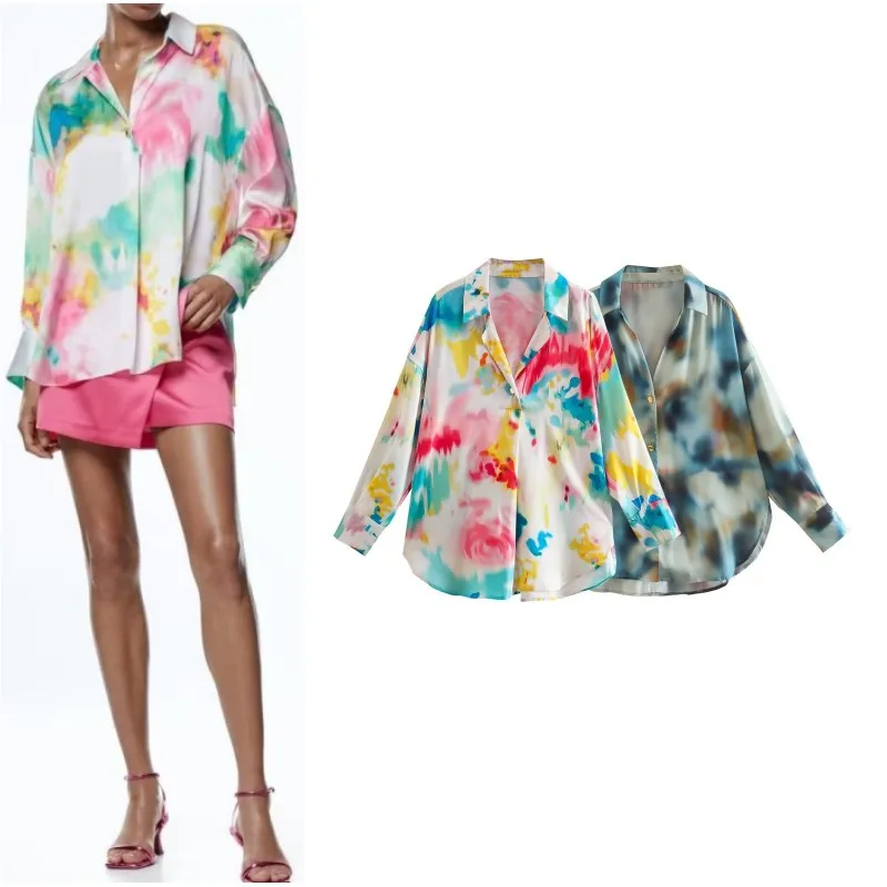 RDMQ 2023 Women Fashion Oversized Tie-dye Printed Shirts Vintage Long Sleeve Front Button Female Blouses Blusas Chic Tops