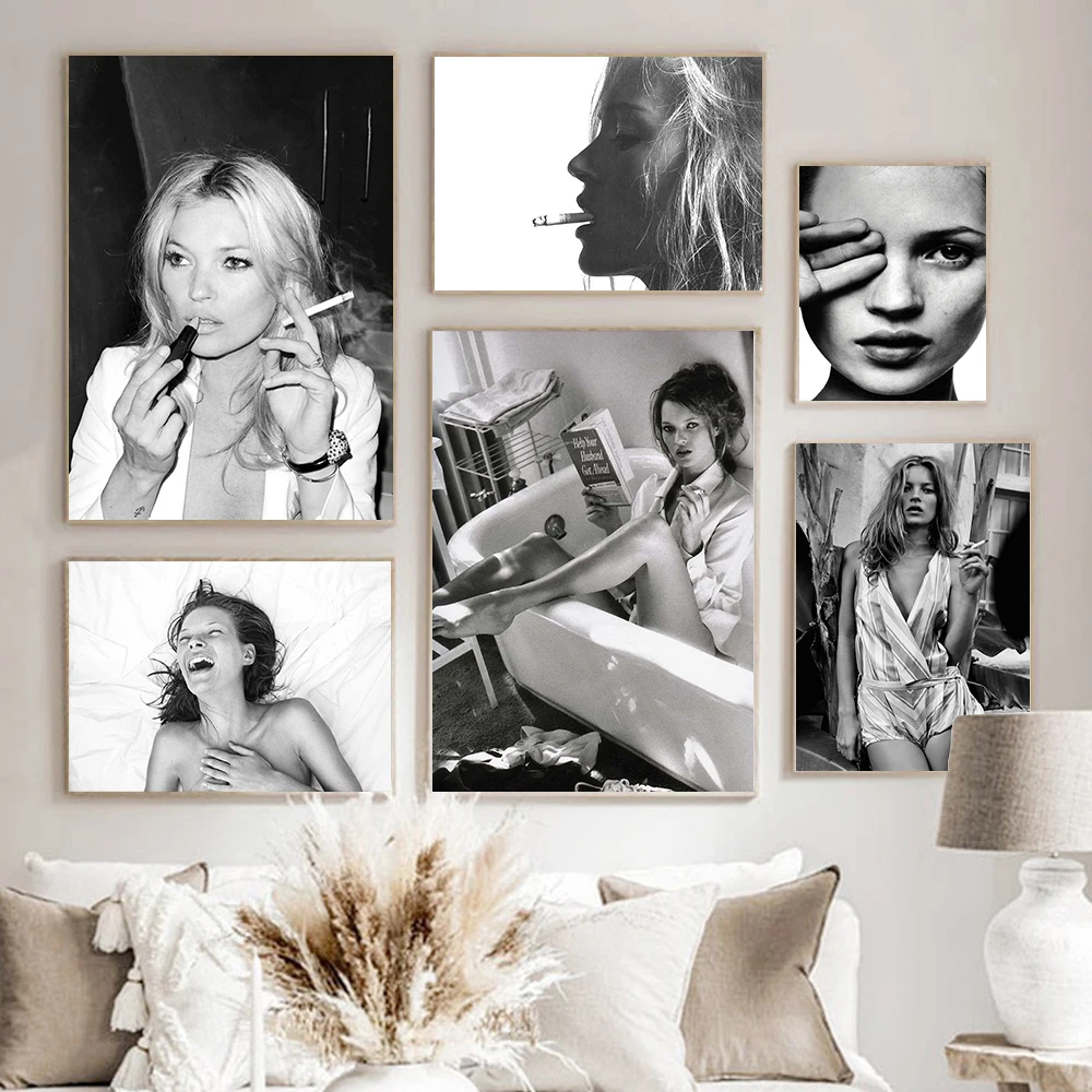 Черно-белый ретро-постер Kate Moss в скандинавском стиле Картина на холсте печать