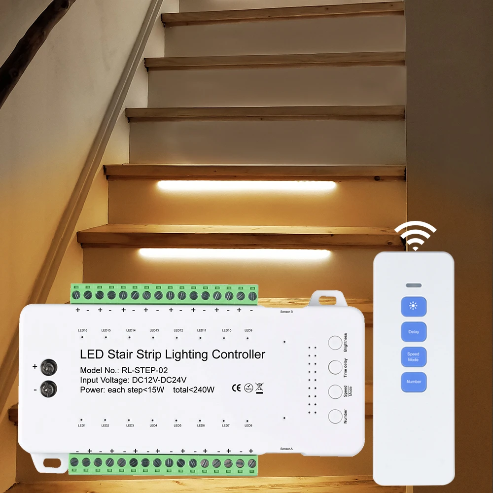 Dimmable LED Stair Strip Lighting Controler White / Black Body Dual PIR Motion Sensor 2.4G RF Remote Controller DC 12V 24V