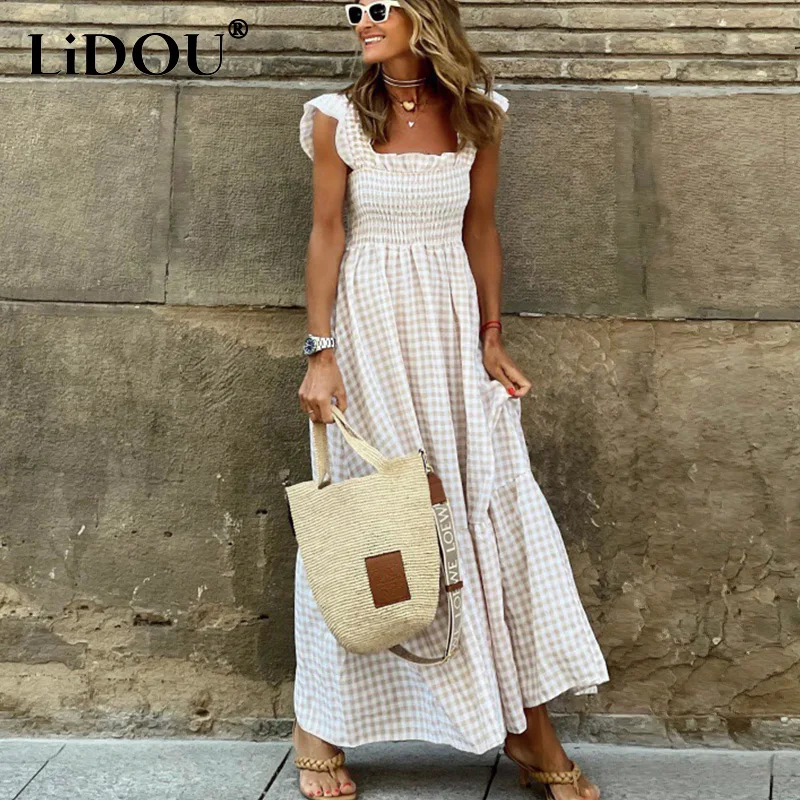 

Summer Plaid Printing Elastic Folds Slip Maxi Vestidos Female Sexy Sleeveless Big Wing A-line Robe Women's Casual Fashion Dress