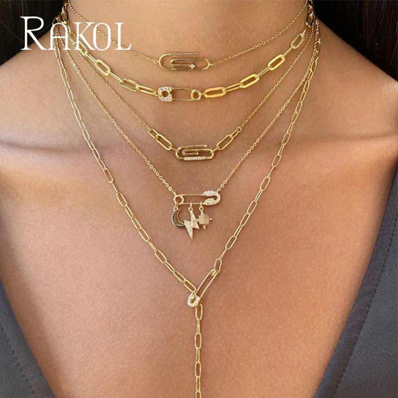 

RAKOL INS Lightning Paperclip Pin Tiny CZ Pave Zircon Clavicle Choker Necklace for Women Fashion Stacking Chain Femme Jewelry