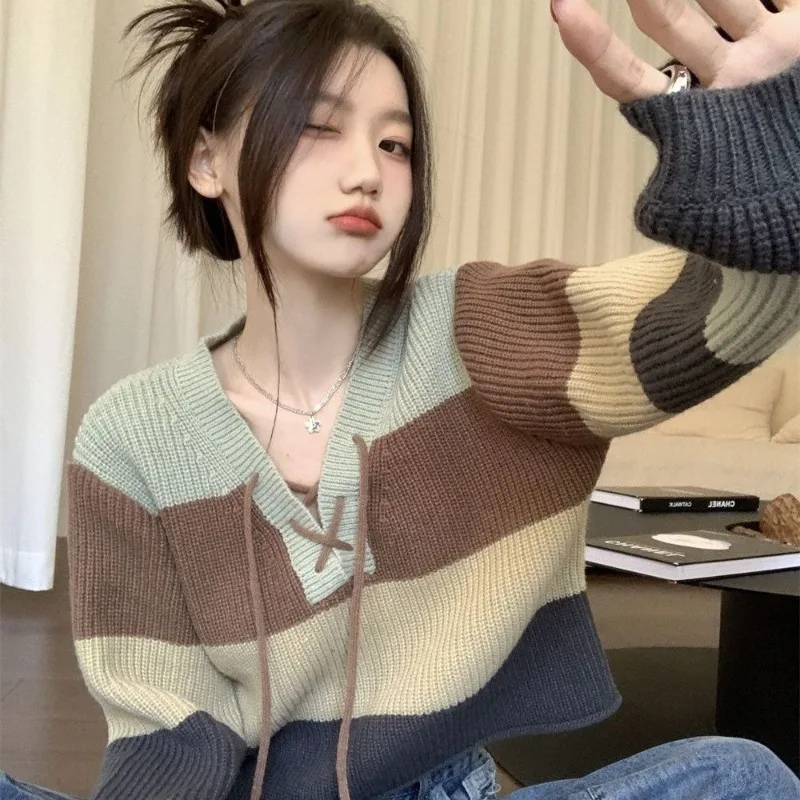 Весенне-осенний шикарный полосатый бандажный короткий свитер пуловер джинсовые