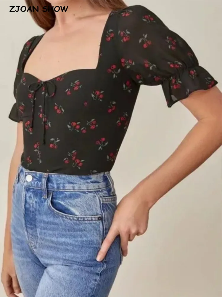 

Винтажная рубашка с принтом фруктов и вишни, черная эластичная блузка в стиле ретро с оборками, бантом на спине и квадратным воротником, топ ...