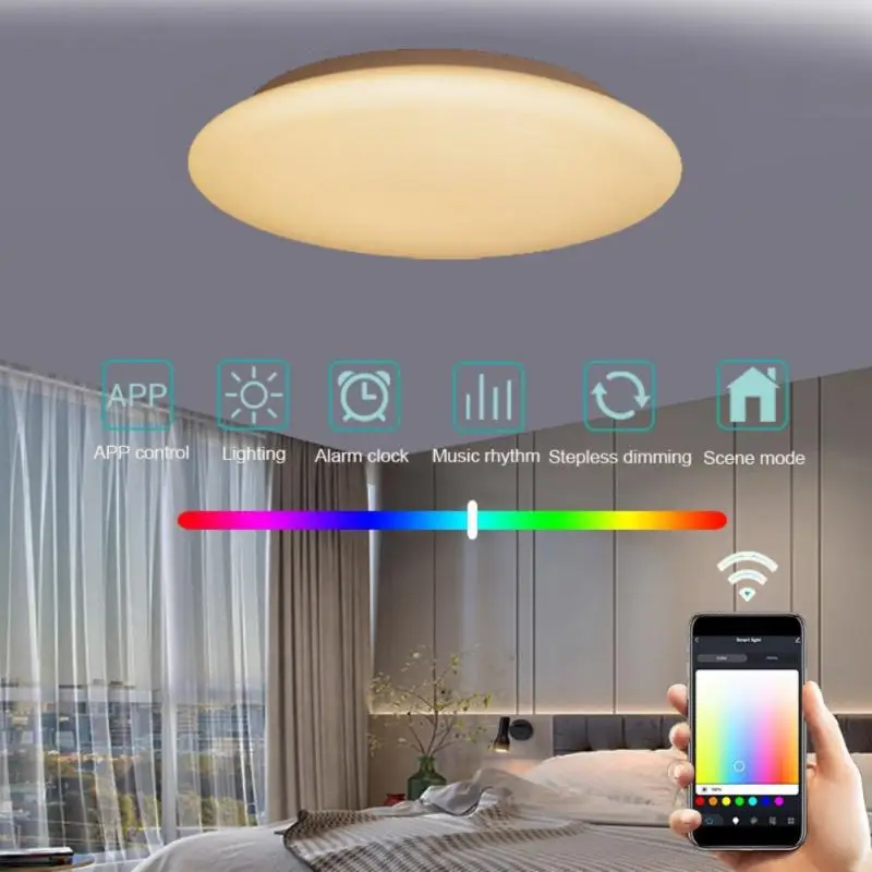 

Светодиодная лампа с голосовым управлением и управлением через приложение, светодиодный потолочный светильник с Wi-Fi, Rgbcct, лампа для украшения гостиной, спальни, 90-240 В переменного тока, 28 Вт
