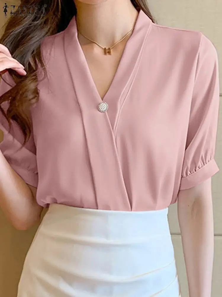 

2023 ZANZEA Fashion Short Sleeve Shirt Summer V-Neck Solid Tunic Tops Elegant Work Chemise Woman Korean Button Blouse Oversized