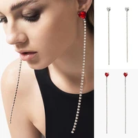 elegant rhinestone long tassel heart drop earrings wedding jewelry for women shiny crystal hanging dangle earrings accessories