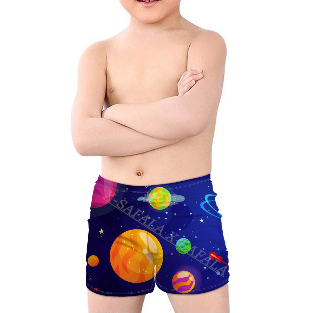

Купальник для мальчиков 4-14 лет, летняя пляжная одежда с мультяшным принтом космических кораблей, ракеты, космоса, плавки, купальник