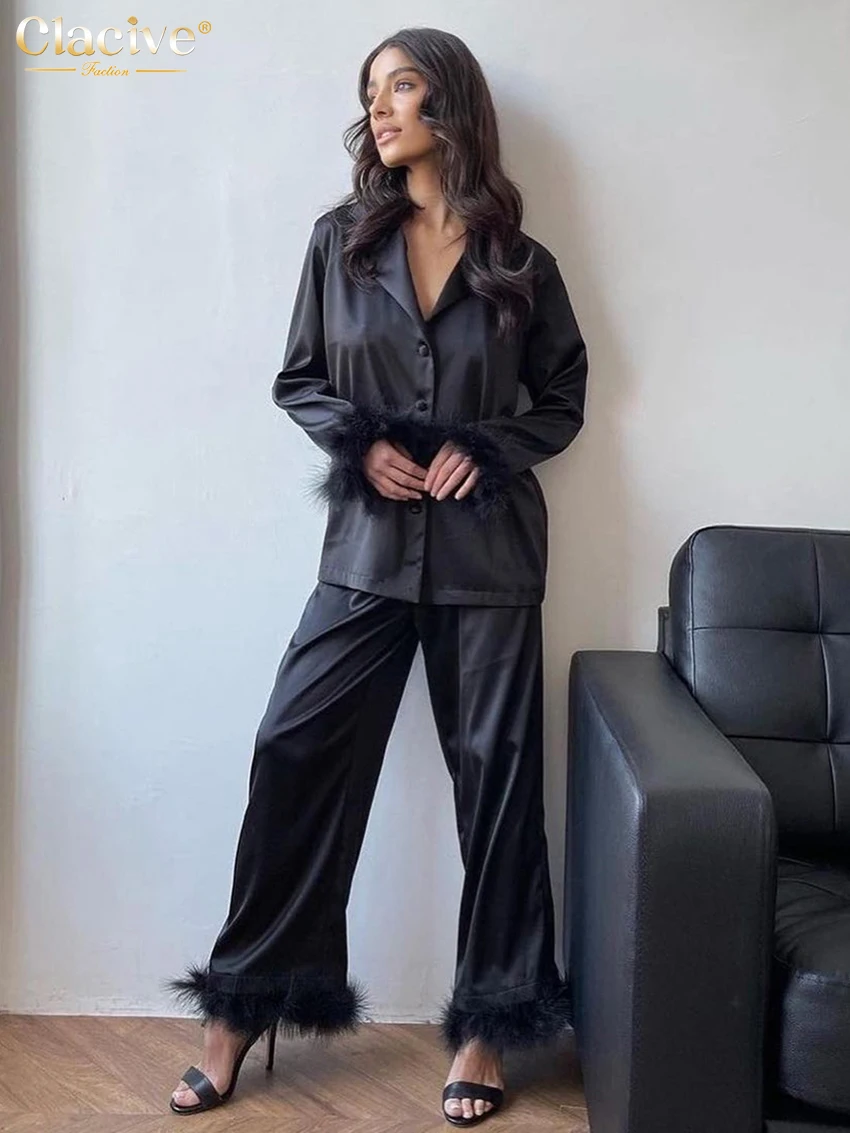 

Clacive Causal Loose Home Suits Elegant Black Satin Pants Set Fashion Feathers Long Sleeve Shirt Two Piece Set Women Outfit 2023