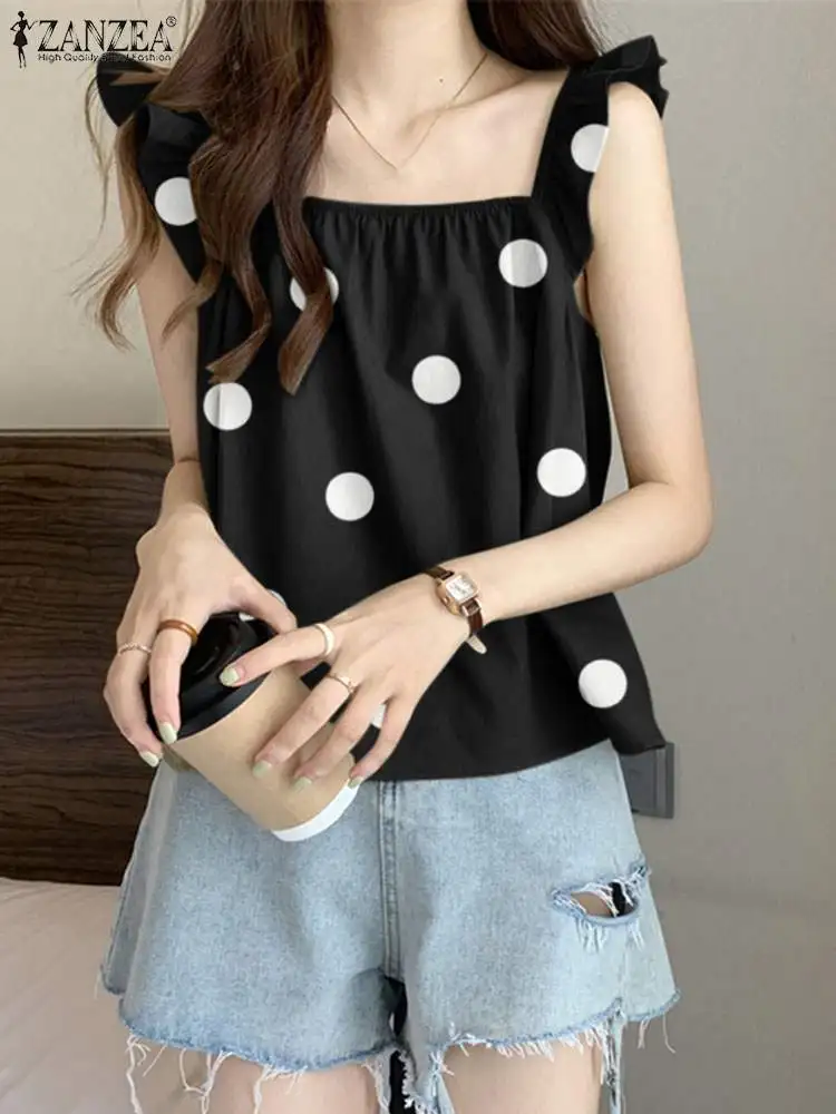 

Bohemian Ruffles Blouse Stylish Polka Dots Tanks Tops ZANZEA Women Square Neck Sleeveless Blusas Femme Beach Chemsie Vest Camis