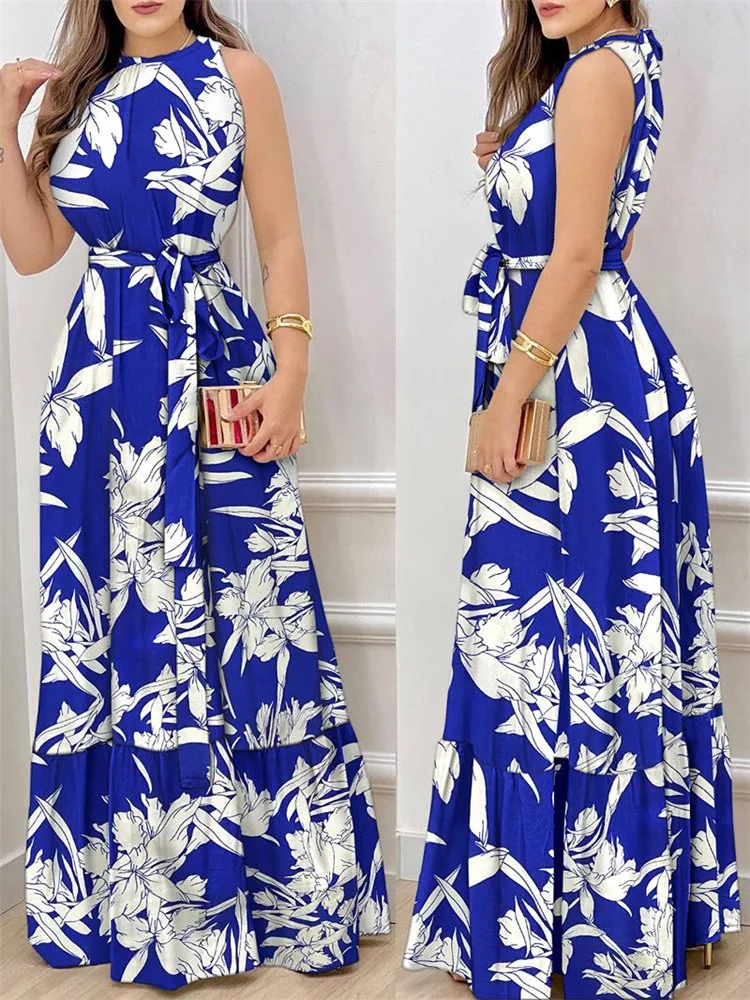 

Plants Print Sleeveless Maxi Dress
