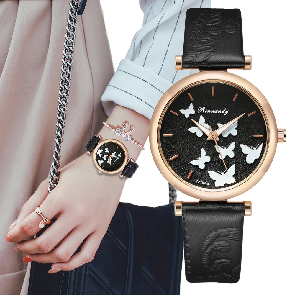 

Women's Fashion Butterfly Design Watches 2022 Luxury Qualities Brand Black Ladies Wristwatches Casual Female Quartz Leather