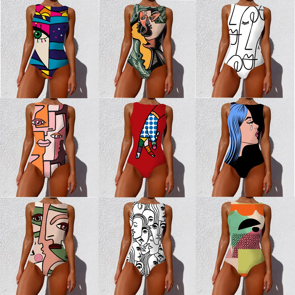 New 2021 Print One Piece Swimsuit Female Vintage Swimwear Women Bathing Suit Plus size Beachwear Brazilian Swimsuit Halter Swim