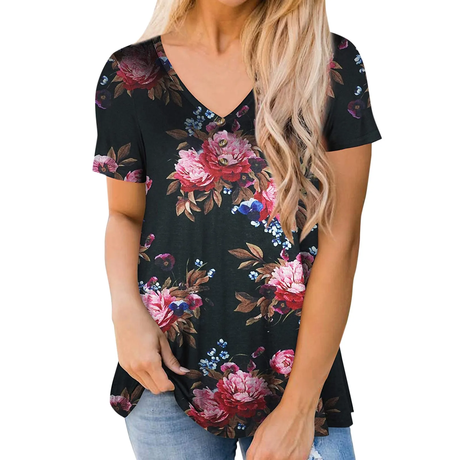 

Женская футболка на пуговицах, с V-образным вырезом и коротким рукавом