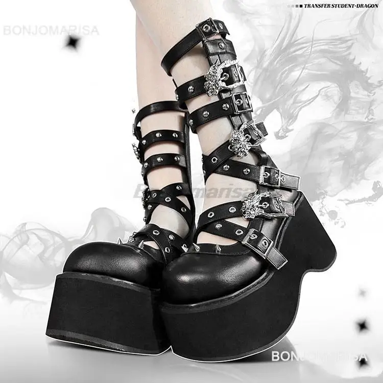 

BONJOMARISA Women Goth Platform Mid Calf Boots Wedges Heeled Cospaly Autumn Combat Boots Design Luxury Motorcycle Boots Shoes