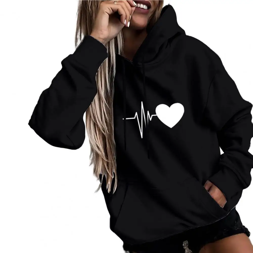 

2023 Women Hoodie Heart Print Long Sleeve Drawstring Solid Color Hoodies Young Style Pullover Hoody Sweatshirt Female Clothing
