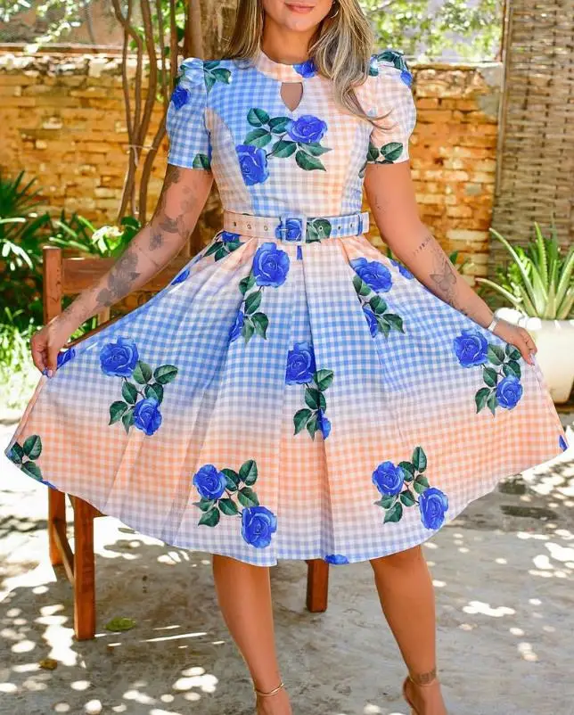 

Floral Plaid Print Puff Sleeve Belted Dress Sexy Party Keyhole Neck Elegant Dresses for Women